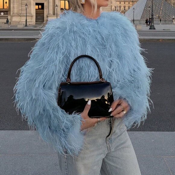 Blue Casual Women's Crew Neck Long Haired Coat - Picture 2 of 4